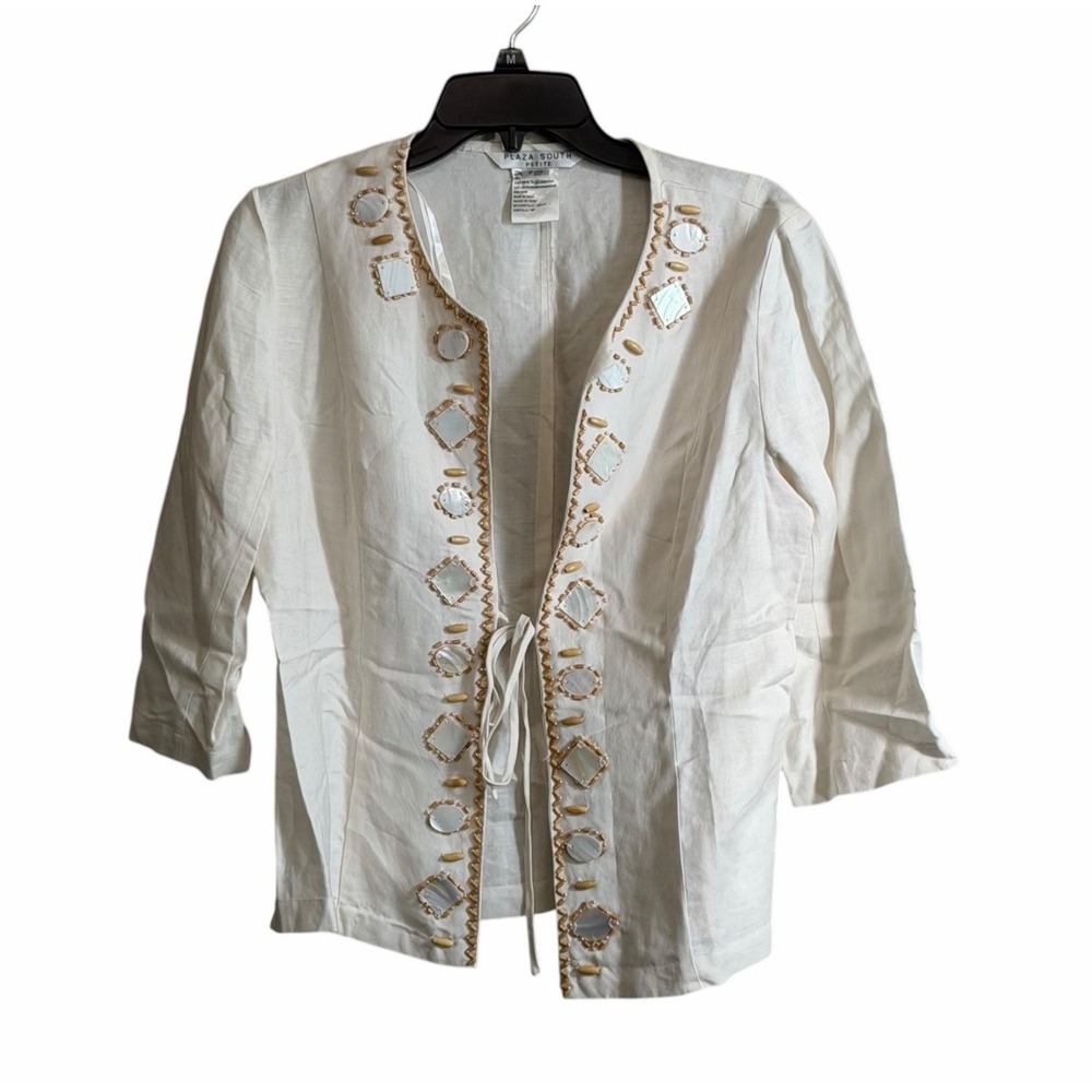 Vtg Plaza South Open Front Jacket Blazer 10P Tie Front Embellished Festival Boho